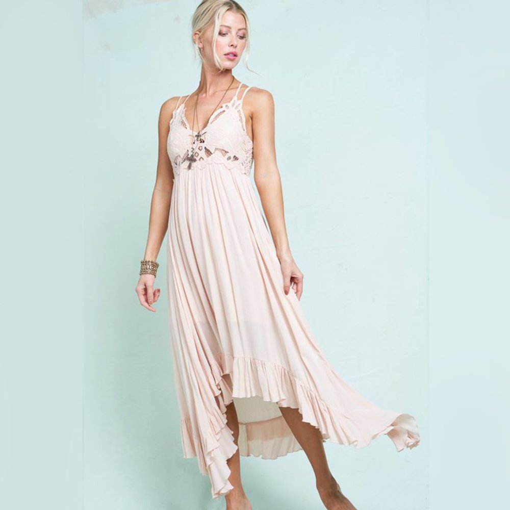 La Miel Sand Boho Crochet Stretchy Lace Dress